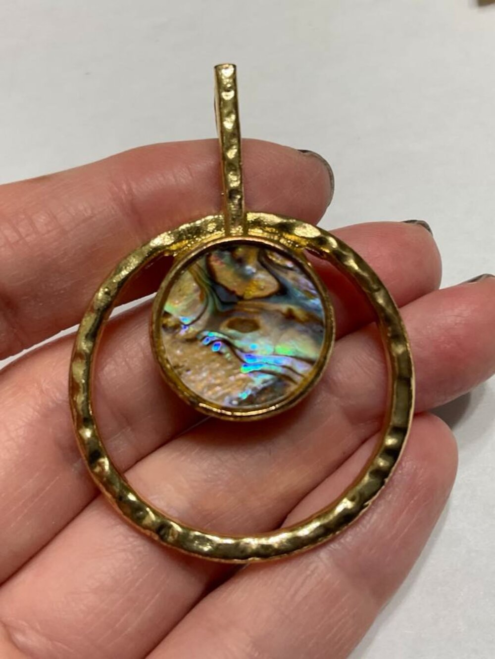 Hammered Gold Tone Circular Pendant with Abalone Center